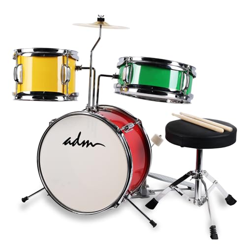 ADM Kinder Schlagzeug Set für Anfänger, von 3-9 Jahren, 14" 3 PC Junior Drum Schlagzeug Kit mit Snare, Tom, Bass Drum, Pedal, Throne, Becken, Drumsticks und Stille Matten(rot, gelb, grün) von ADM