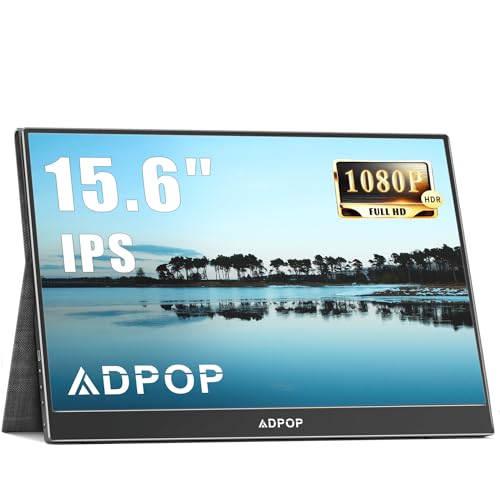 ADPOP Tragbarer Monitor 15.6'' FHD 1080P IPS Portable USB-C HDMI Gaming Travel Monitor, Externer Zweiter Bildschirm Extender mit Smart Cover&Lautsprecher für Laptop/Phone/PS4/Xbox/Switch von ADPOP