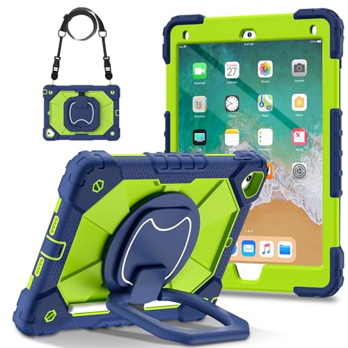 Tablet-Hülle Hülle kompatibel mit iPad 9,7 Zoll 2018/2017/Pro 9,7 Zoll, robuste, stoßfeste Hülle, Schutzhülle mit 360 drehbarem Ständer + Handschlaufe + Schultergurt Tablet-Startseite(Navy+Yellow Gree von ADVDJBV