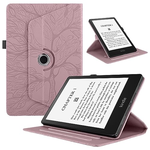 Tablet-Hülle Kompatibel mit Kindle Paperwhite 5 (11. Generation 2021), 6,8 Zoll Tablet-Hülle, 360 Grad drehbarer Ständer, faltbare Tablet-Hülle, Baum des Lebens geprägte Schale Tablet-Startseite(Rose von ADVDJBV