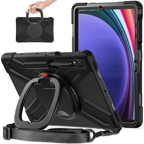 Tablet-Hülle Stoßfeste, robuste TPU-Hülle, kompatibel mit Samsung Galaxy Tab S9 Plus 12,4 Zoll 2023 X810/X816B/X818U, drehbarer Ständergriff, Schultergurt, Schutzhülle, sturzsicher, stoßfest Tablet-St von ADVDJBV