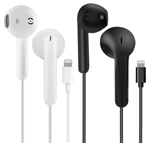 iPhone-Ohrhörer mit Kabel, Apple-MFi-zertifizierte In-Ear-Lightning-Kopfhörer, kompatibel mit iPhone 14/13/12/11/8/7/X/Pro/Pro Max iPad (weiß und schwarz), 2 Stück von AEAOA