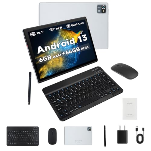 AEEZO 10.1 Inch Android 13 Tablet with Keyboard, Wireless Mouse and Pen, 6 (2+4) GB RAM, 64GB ROM, Expandable Storage 128GB, HD IPS Screen, 5000mAh Battery, 2MP+5MP Camera, Book Reading, Sliver von AEEZO
