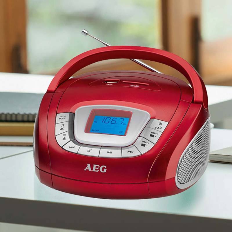 Stereo Radio Musikanlage, USB SD MP3, AUX, Wecker, rot von AEG