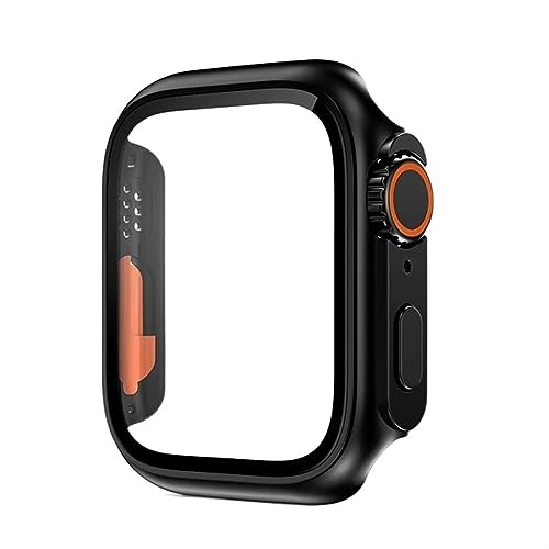 AEMALL Glashülle für Apple Watch 44 mm, 45 mm, 41 mm, 40 mm, 42 mm, 38 mm, Displayschutzfolie, Abdeckung zum Wechseln Ultra Bumper iWatch Serie 8 7 SE 6 5 3 (Farbe: Schwarz-Orange, Größe: 38 mm) von AEMALL