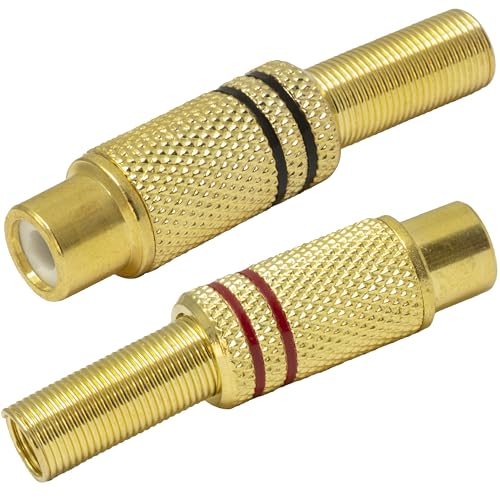 AERZETIX - C69010 - Satz von 2 RCA-Steckern weiblich gerade mit Feder kabelschutz und 2 roten und schwarzen markierungsringen - zum löten - goldfarben von AERZETIX