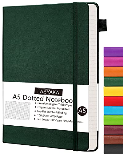 AEYAKA Dotted notizbuch A5 Journal Notizbuch A5 Dotted Tagebuch Hardcover und Elastischem Verschlusst Stifthalter PU-Lederhülle Thick 80gsm Paper, 15 x 21 cm (Dotted, Dunkelgrün) von AEYAKA