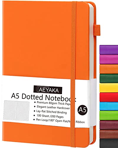 AEYAKA Dotted notizbuch A5 Journal Notizbuch A5 Dotted Tagebuch Hardcover und Elastischem Verschlusst Stifthalter PU-Lederhülle Thick 80gsm Paper, 15 x 21 cm (Dotted, Orange) von AEYAKA