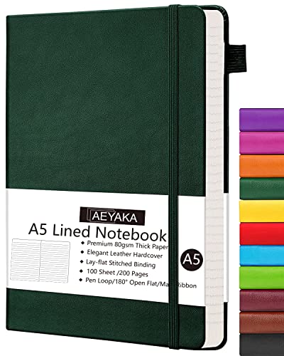 AEYAKA Liniert notizbuch A5 Journal Notizbuch A5 Liniertes Tagebuch Hardcover und Elastischem Verschlusst Stifthalter PU-Lederhülle Thick 80gsm Paper, 15 x 21 cm (Liniert, Dunkelgrün) von AEYAKA