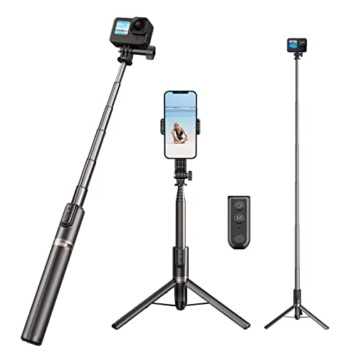 AFAITH Ausziehbares Selfie-Stick-Stativ mit Fernbedienung für GoPro Hero 12/11/10/9/8/MAX und Smartphone, Verlängerungs-Aluminium-Vlog-Pole-Einbeinstativ mit Handyhalter-Clip von AFAITH
