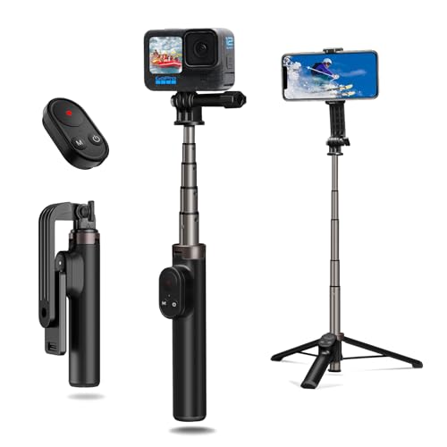 AFAITH Ausziehbares Selfie-Stick-Stativ mit Fernbedienung für GoPro Hero 12/11/10/9/8 und Smartphone, stabiles tragbares Pole-Einbeinstativ mit kabelloser Bluetooth-Fernbedienung für GoPro und Handy von AFAITH