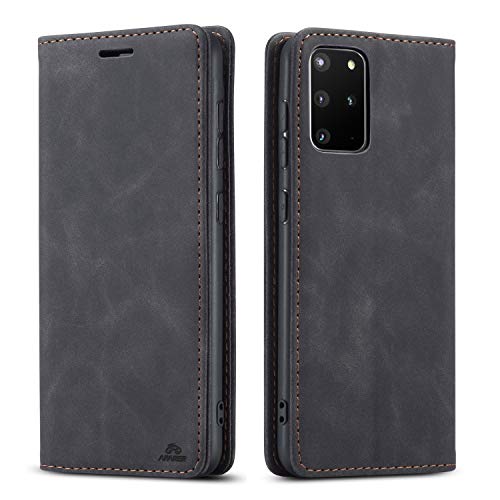 AFARER Handyhülle für Samsung Galaxy S20 Plus, mit Magnetverschluss klapphülle, Brieftasche Klappbar Ledertasche Leather Wallet case Stoßfest Schutz mit Kartenhalter,Klappständer Ständer - Schwarz von AFARER