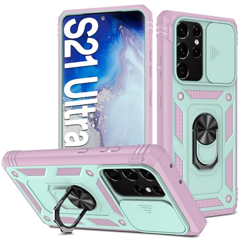 AFARER S21 Ultra Hülle, Kameraschutz Rüstung Duale Schichte Gehäuse mit 360 Grad Ring Ständer und magnetisches Eisenblech Kompatibel mit Samsung Galaxy S21 Ultra 5G - Grün Pink von AFARER