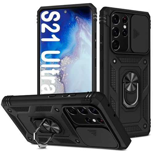 AFARER S21 Ultra Hülle, Kameraschutz Rüstung Duale Schichte Gehäuse mit 360 Grad Ring Ständer und magnetisches Eisenblech Kompatibel mit Samsung Galaxy S21 Ultra 5G - Schwarz von AFARER