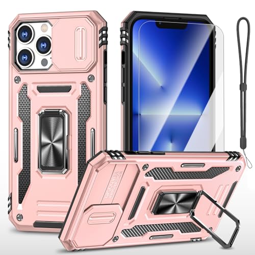 AFARER iPhone 13 Pro Max Hülle mit Ring Ständer und kameraschutz, Robuste stoßfeste Militär Schutzhülle, Cover mit Displayschutzfolie und Umhängeband für iPhone 13 Pro Max 6.7“-Roségold von AFARER
