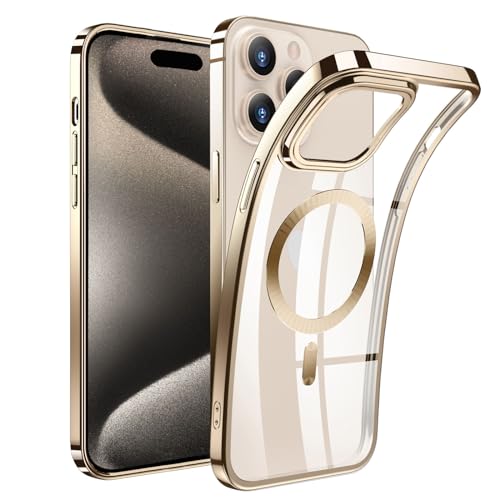 AFENGBOX für iPhone 15 Pro Max Hülle für MagSafe,Transparent Handyhülle mit Kameraschutz TPU Weiche Silikon Schutzhülle iPhone 15 ProMax Case Cover [N52 Starke Magnete],Gold von AFENGBOX