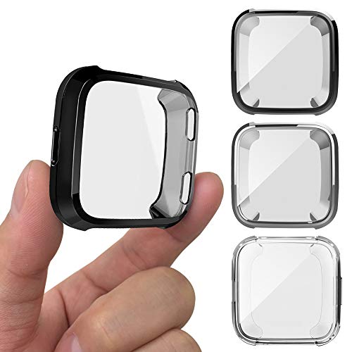 AFUNTA 3 Stück Schutzhülle kompatibel Versa Smart Watch, weiche TPU Displayschutzfolie Rundumschutz Bumper Schutzschale Uhr Schutz - Schwarz, Silber, Transparent von AFUNTA