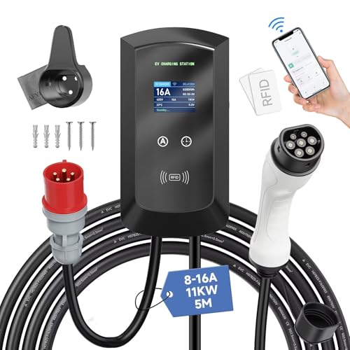 Afyeev 11kW Wallbox/Elektroauto Ladestation mit Smart App, 8-16A CEE 3 Phasen Stecker, IP65, WLAN- und Bluetooth, RFID-Karte, Elektroauto Wallbox Geeignet für i3, e-Up, ID.3, ID.4, Zoe von AFYEEV