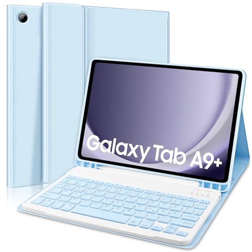 AGARELE Tastatur Hülle für Samsung Galaxy Tab A9+/A9 Plus 2023 11 Zoll (SM-X210/X216/X218), Schutzhülle mit Abnehmbarer Kabellose QWERTZ Deutsches Tastatur, Himmelblau von AGARELE