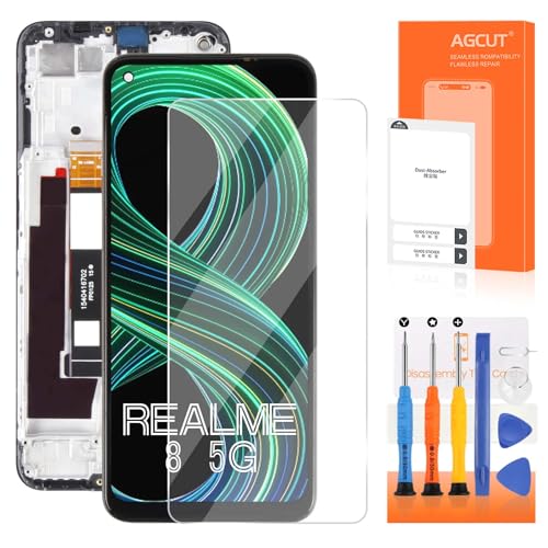 LCD-Display für Oppo Realme 8 5G RMX3241 Ersatzbildschirm für Realme 8 Display aus Glas Touchscreen Digitalizer Assembly mit Werkzeugen (6,5 Zoll, Schwarz mit Rahmen) von AGCUT