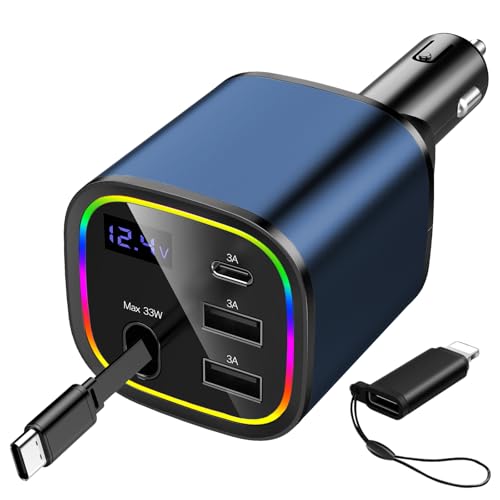 AGEMANY Zigarettenanzünder USB C, 4 in 1 Einziehbares Auto Ladegerät 78W Schnellladegerät KFZ Ladegerät mit RGB Licht für iPhone 16 15 12 13 14 Android, Auto Zubehör (Blau) von AGEMANY