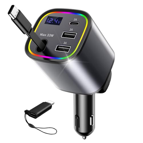 AGEMANY Zigarettenanzünder USB C, 4 in 1 Einziehbares Auto Ladegerät 78W Schnellladegerät KFZ Ladegerät mit RGB Licht für iPhone 16 15 12 13 14 Android, Auto Zubehör (Grau) von AGEMANY