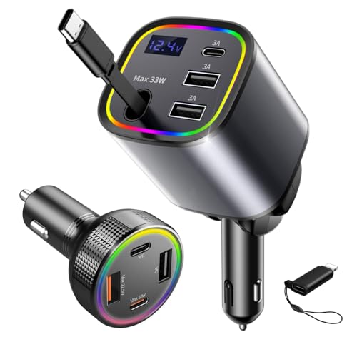 AGEMANY Zigarettenanzünder USB C, 4 in 1 Einziehbares Auto Ladegerät 78W Schnellladegerät KFZ Ladegerät mit RGB Licht für iPhone 16 15 12 13 14 Android, Auto Zubehör (Grau+KLEIN Schwarz) von AGEMANY