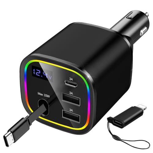 AGEMANY Zigarettenanzünder USB C, 4 in 1 Einziehbares Auto Ladegerät 78W Schnellladegerät KFZ Ladegerät mit RGB Licht für iPhone 16 15 12 13 14 Android, Auto Zubehör (Schwarz) von AGEMANY