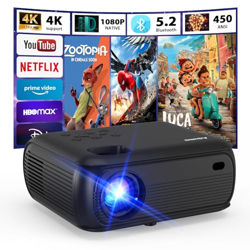 4K Beamer 1080P Nativo 2025 Tragbarer Projektor mit Smart TV OS integrierten Apps, 450ANSI, Stereo-Lautsprecher, WiFi 6, Bluetooth 5.2 Projektor, kompatibel mit Con TV Stick/Smartphone/HDMI, Schwarz 4K Beamer 1080P Nativo 2025 Tragbarer Projektor mit Smart TV OS integrierten Apps, 450ANSI, Stereo-Lautsprecher, WiFi 6, Bluetooth 5.2 Projektor, kompatibel mit Con TV Stick/Smartphone/HDMI, Schwarz von AGIMA