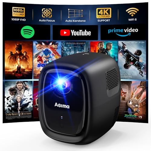 [Auto Fokus/Apps integriert] Beamer mit WiFi und Bluetooth 4K 1080P Nativer Overhead-Projektor mit Apps und Android TV OS, Autokorrektur, Stereo-Lautsprecher, tragbarer Mini-Projektor, Schwarz von AGIMA