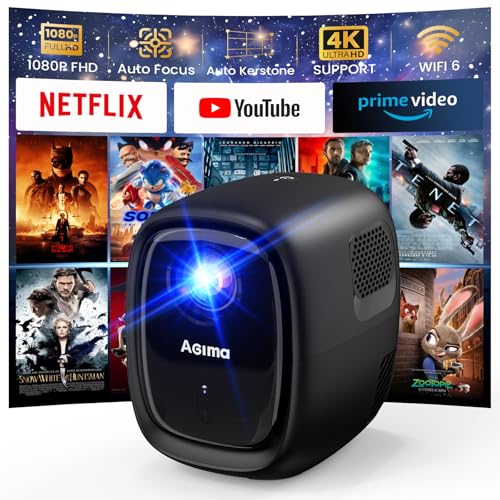 [Auto Fokus/Apps integriert] Beamer mit WiFi und Bluetooth 4K 1080P Nativer Overhead-Projektor mit Apps und Android TV OS, Autokorrektur, Stereo-Lautsprecher, tragbarer Mini-Projektor, Schwarz von AGIMA