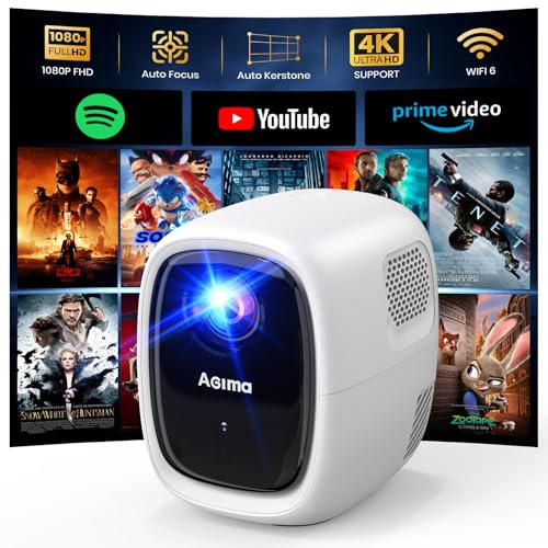 [Auto Fokus/Apps integriert] Beamer mit WiFi und Bluetooth 4K 1080P Nativer Overhead-Projektor mit Apps und Android TV OS, Autokorrektur, Stereo-Lautsprecher, tragbarer Mini-Projektor, Weiß von AGIMA