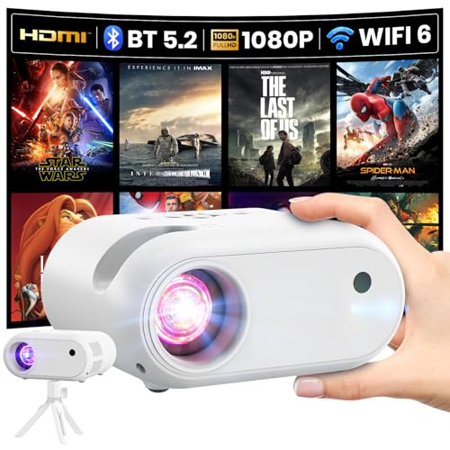 Mini Beamer mit Stativ 1080p WLAN- und Bluetooth-Unterstützung Tragbarer Projektor, Kompatibel mit Smartphone, HDMI, USB, TV-Stick, für Zuhause, Outdoor und Schlafzimmer, Schwarz von AGIMA