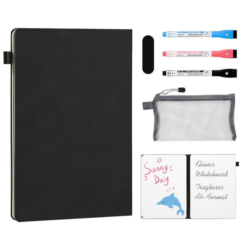 AGM A4 Mini Whiteboard, Kleines Whiteboard, tragbare Schreibtafel mit 3 Farbstiften, Radiergummi und Netztasche für Büro, Arbeitszimmer, Klassenzimmer und Zuhause – Schwarz von AGM