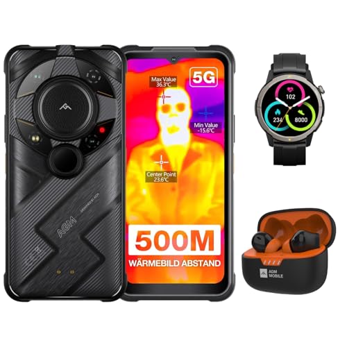 AGM G2 Guardian Outdoor Smartphone ohne Vertrag 5G mit Wärmebild Monokular 500 Meter, mit Smartwatch+ Kopfhörer 256 * 192 Autofokus 10mm Objektiv, 12 + 256 GB Qualcomm QCM6490, 6.58" FHD+ schwarz von AGM