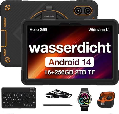AGM Outdoor Tablet mit Robust Smartwatch +Stift+ Tastatur, Helio G99,8GB + 256GB,11'' FHD Display, 50MP + 8MP, IP68/69K, Dual SIM 4G LTE/5G WiFi/Kompass/Widevine L1/Android 14/G-AI von AGM