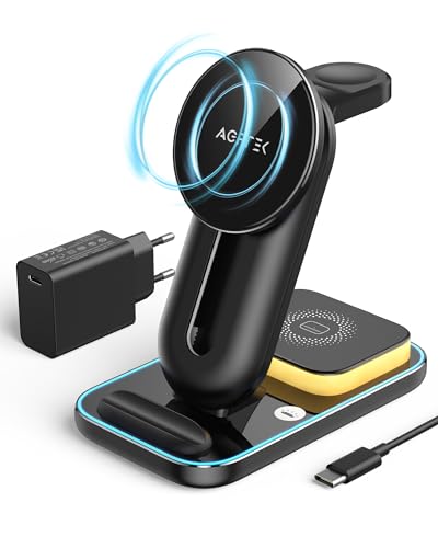 AGPTEK 4 in 1 Wireless Charger, induktive Ladestation, Kabelloses Ladegerät kompatibel mit iPhone/Samsung/Googel Pixel/Huaiwei, unterstützt für iWatch/AirPods/Galaxy Budsa, mit 18W, Schwarz von AGPTEK