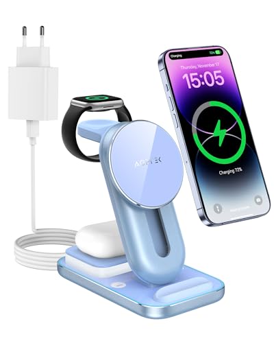 AGPTEK 4 in 1 Wireless Charger, induktive Ladestation, Kabelloses Ladegerät kompatibel mit iPhone/Samsung/Googel Pixel/Huaiwei, unterstützt für iWatch/AirPods/Galaxy Budsa, mit 18W, leicht Blau von AGPTEK