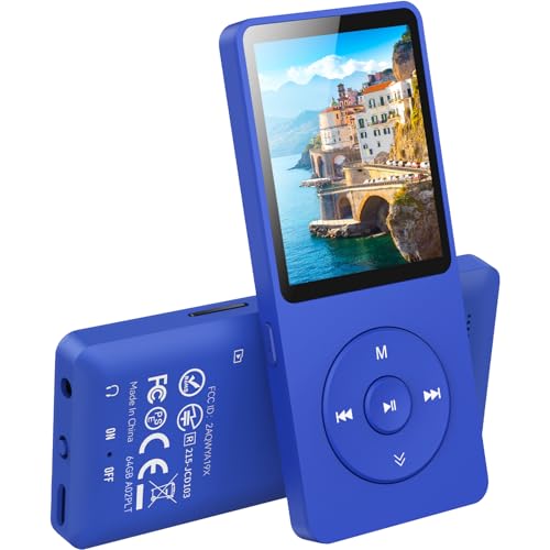 AGPTEK 64GB MP3 Player Bluetooth 5.3 mit Lautsprecher, 40 Stunden Akkulaufzeit Kleiner und klassischer Sport MP3 mit 1,8 Zoll Bildschirm, UKW-Radio (Ohne Kopfhörer), TF-Karte bis zu 128GB, Blau von AGPTEK