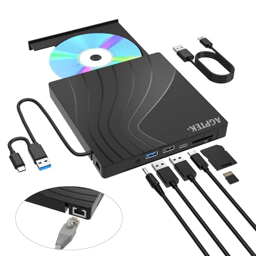 AGPTEK Externes DVD Laufwerk, USB 3.0 Slim CD DVD-Brenner mit Ethernet-Adapter, USB-Anschlüssen und TF/SD-Kartensteckplätzen, CD/DVD-Leser/Schreiber für Laptop PC, MacBook, Windows, Linux, Mac OS von AGPTEK