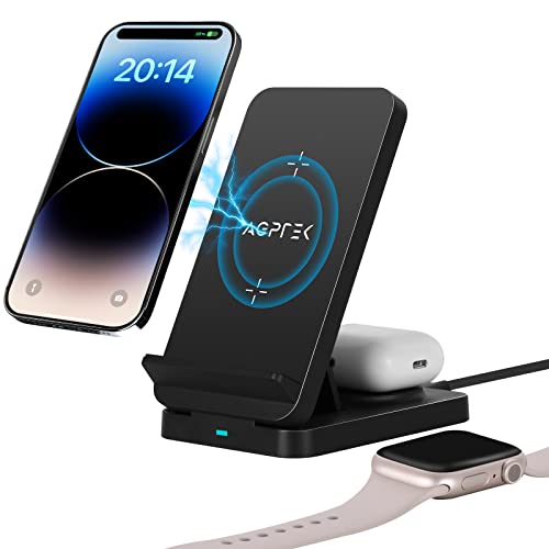 AGPTEK Induktive Ladestation, 3 in 1 Faltbare Wireless Charger 15W für iPhone 14/13/12/12 Pro/11/XR/XS/X/8, Apple Watch 4/5/6/7/SE, AirPods 2/3/ Pro, für Samsung GalaxyS23/S22/S21/S20/S10/S9/S8 von AGPTEK