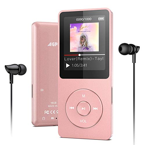 AGPTEK MP3 Player 16GB Bluetooth 5.0 mit Kopfhörer, 1.8 Zoll 70 Stunden Wiedergabezeit Digital Kinder MP3 Player FM Radio, bis 128G SD Karte, Rosagold von AGPTEK