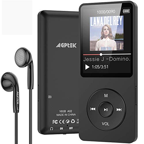 AGPTEK MP3 Player 16GB Bluetooth 5.0 mit Kopfhörer, 1.8 Zoll 70 Stunden Wiedergabezeit Digital Kinder MP3 Player FM Radio, bis 128G SD Karte, Schwarz von AGPTEK