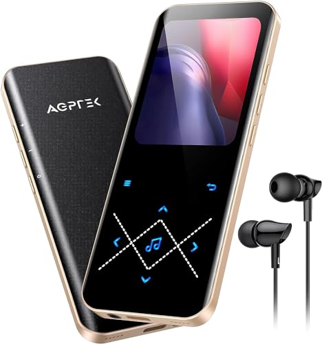 AGPTEK MP3 Player Bluetooth 5.3, 64GB HiFi Sound Musikplayer mit 2,4 Zoll TFT Farbbildschirm, Kopfhörer, Lautsprecher, Touch-Tasten, FM-Radio, E-Book, Aufnahme, Unterstüzt TF-128GB, Schwarzgold von AGPTEK