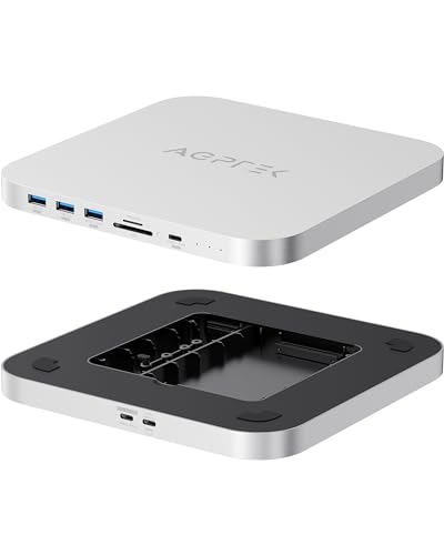 AGPTEK Typ-C-Hub mit M.2 NVMe, Festplattengehäuse, USB-C-Dockingstation und Ständer für Mac Mini M1 M2 mit NGFF SATA SSD/HDD-Steckplatz, TF/SD-Kartenleser/USB für neuen MM M1 M2 Laptop, Silber von AGPTEK