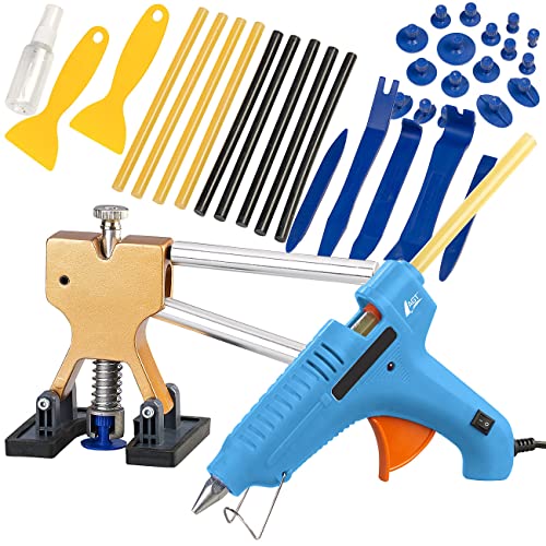 AGT Ausbeulset: 38-TLG. Dellen-Reparatur-Set, Klebepistole, 10 Klebesticks, 18 Adapter (Ausbeulwerkzeug, Beulenset, Heißklebepistolen) von AGT