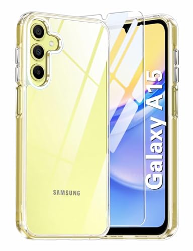 AHABIPERS 2 im 1 Hülle für Samsung Galaxy A15 5G/4G für Panzerglas, 1 Handyhülle mit 3 Panzerfolie, Militärischer Schutz, Dünn Transparent Stoßfest Schutzhülle Kratzfest Hüllen mit Displayschutzfolie von AHABIPERS