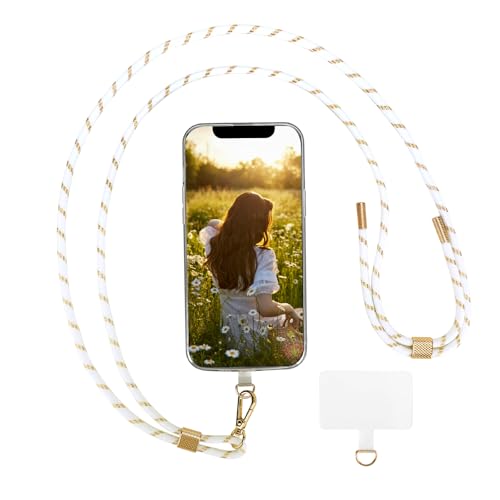 AHABIPERS Handykette Universal, Nylon Handy Kette, Verstellbarer Crossbody Handyschnur, Handy Umhängeband Kompatibel mit Meisten Smartphones, TPU Handy-Patch mit Metallring - ohne Hülle (Weiß&Gold) AHABIPERS Handykette Universal, Nylon Handy Kette, Verstellbarer Crossbody Handyschnur, Handy Umhängeband Kompatibel mit Meisten Smartphones, TPU Handy-Patch mit Metallring - ohne Hülle (Weiß&Gold) von AHABIPERS