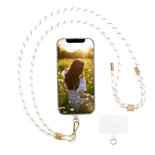 AHABIPERS Handykette Universal, Nylon Handy Kette, Verstellbarer Crossbody Handyschnur, Handy Umhängeband Kompatibel mit Meisten Smartphones, TPU Handy-Patch mit Metallring - ohne Hülle (Weiß&Gold) von AHABIPERS