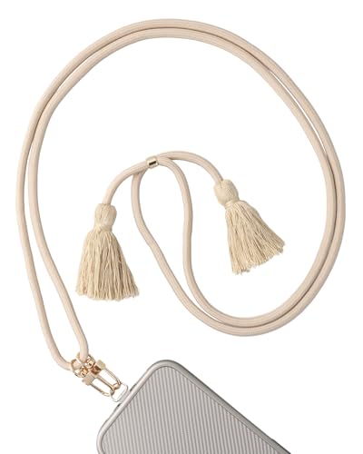 AHABIPERS Handykette Universal, Nylon Quasten Handy Kette, Verstellbarer Crossbody Handyschnur, Handy Umhängeband Kompatibel mit Meisten Smartphones, TPU Handy-Patch mit Metallring-ohne Hülle (Beige) von AHABIPERS